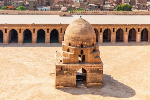 Fountain in the Ibn Tulun Mosque courtyard, aerial view, Cairo, Egypt.