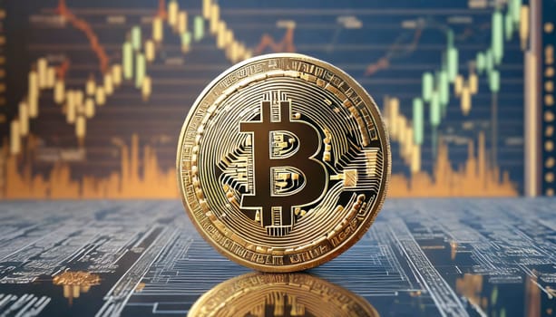 Bitcoin cryptocurrency on the background of the financial chart. 3D rendering. AI generated