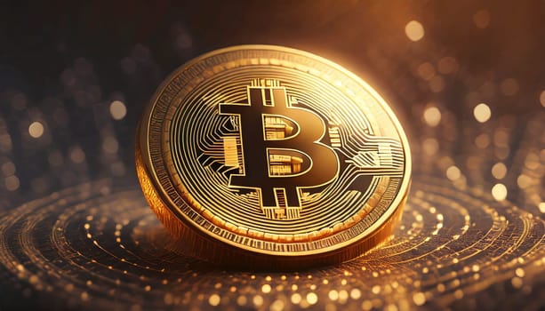 Golden bitcoin on golden background. Cryptocurrency concept. 3D illustration. AI generated