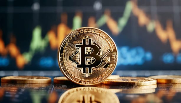 Bitcoin cryptocurrency on the background of the financial chart. 3D rendering. AI generated