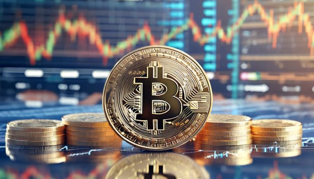 Bitcoin cryptocurrency on the background of the financial chart. 3D rendering. AI generated