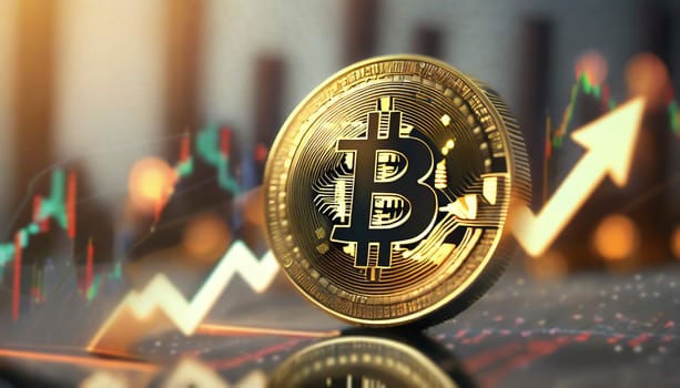 Golden bitcoin on golden background. Cryptocurrency concept. 3D illustration. AI generated