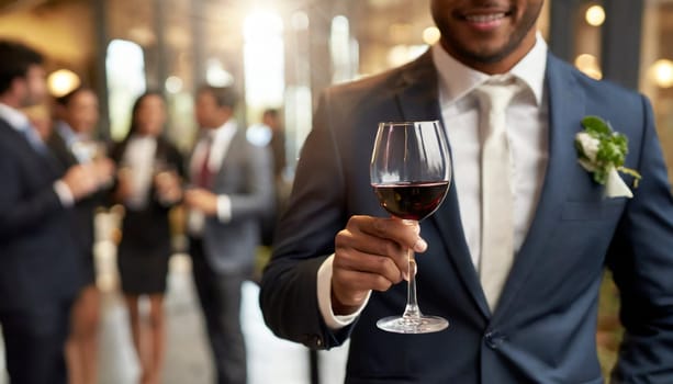 Businessman holding a glass of red wine in the office with colleagues in the background. AI generated