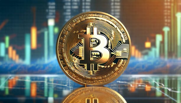 Bitcoin cryptocurrency on the background of the financial chart. 3D rendering. AI generated