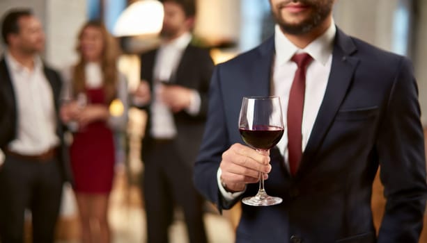 Businessman holding a glass of red wine in the office with colleagues in the background. AI generated
