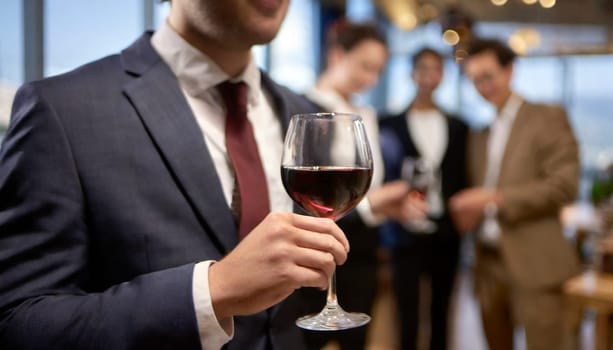 Businessman holding a glass of red wine in the office with colleagues in the background. AI generated