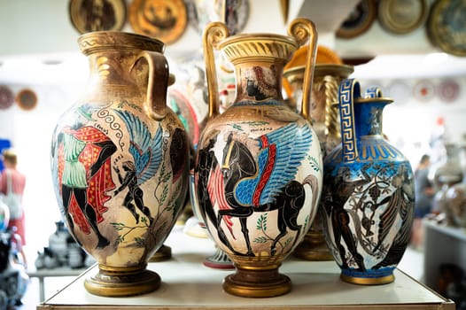 October 19 3023, Rhodes, Greece : antique greek pottery with typical design hand made