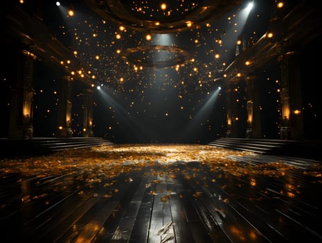 The empty performance stage had lights shining all over it. Most of the light was golden. Contrast with completely black background. The lights like beams creates exciting and impressive atmosphere.