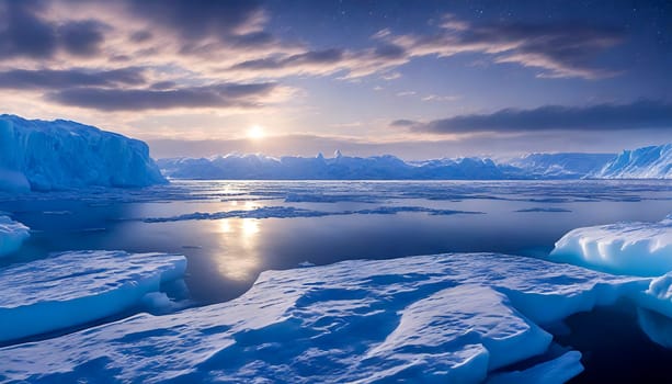 Beautiful winter landscape with icebergs and mountains in Antarctica. AI generated