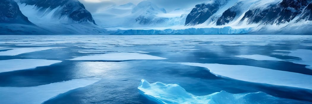 Beautiful winter landscape with icebergs and mountains in Antarctica. AI generated
