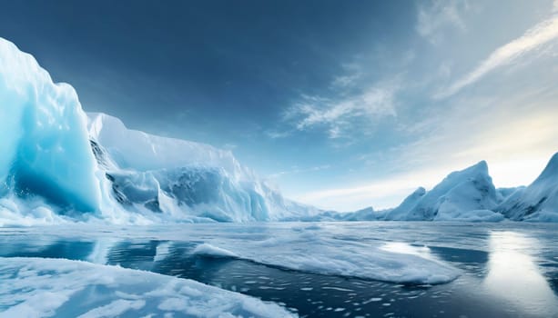 Beautiful winter landscape with icebergs and mountains in Antarctica. AI generated