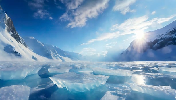 Beautiful winter landscape with icebergs and mountains in Antarctica. AI generated