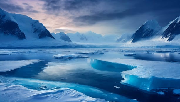 Beautiful winter landscape with icebergs and mountains in Antarctica. AI generated
