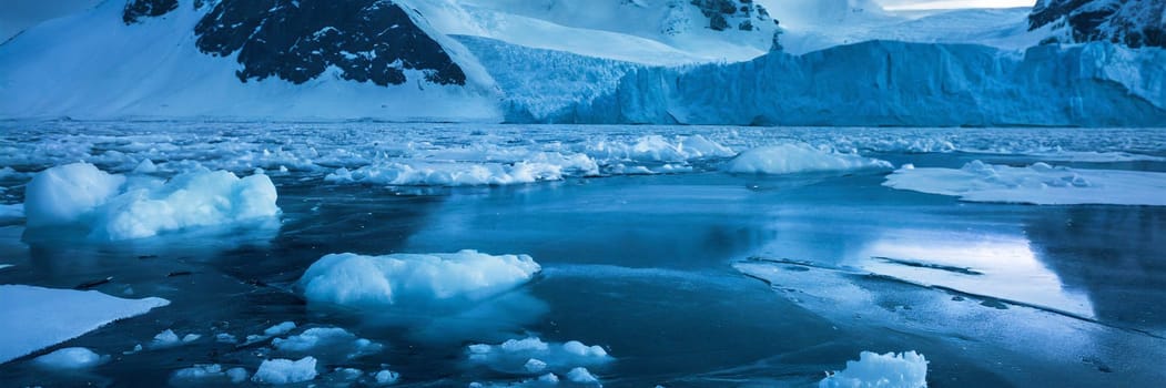 Beautiful winter landscape with icebergs and mountains in Antarctica. AI generated