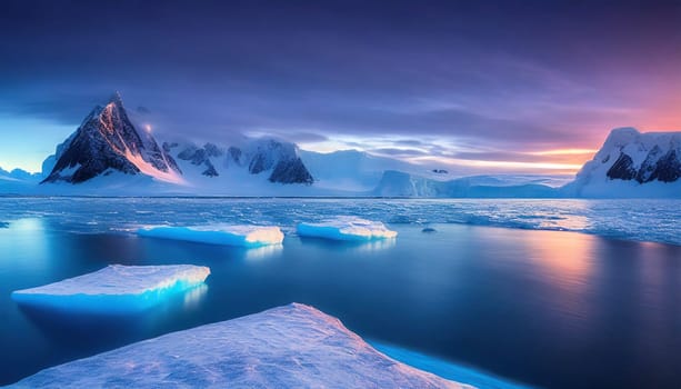 Beautiful winter landscape with icebergs and mountains in Antarctica. AI generated