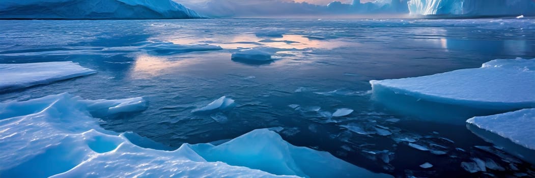 Beautiful winter landscape with icebergs and mountains in Antarctica. AI generated
