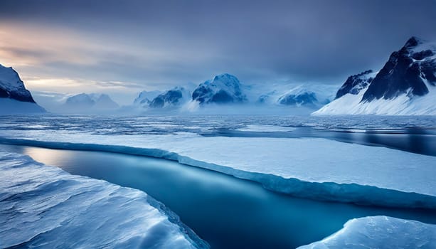 Beautiful winter landscape with icebergs and mountains in Antarctica. AI generated