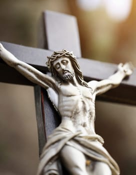 Crucifixion of Jesus Christ on the cross, close up. AI generated