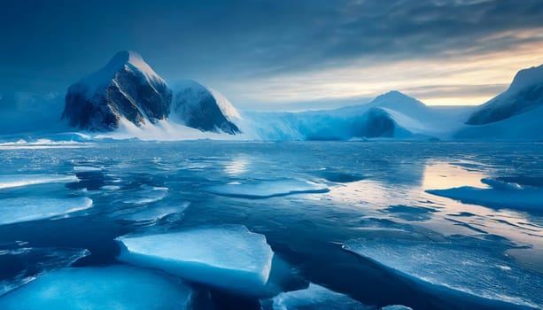 Beautiful winter landscape with icebergs and mountains in Antarctica. AI generated
