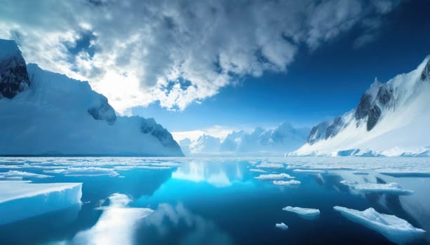 Beautiful winter landscape with icebergs and mountains in Antarctica. AI generated