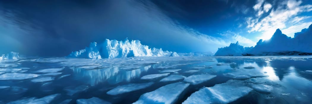 Beautiful winter landscape with icebergs and mountains in Antarctica. AI generated