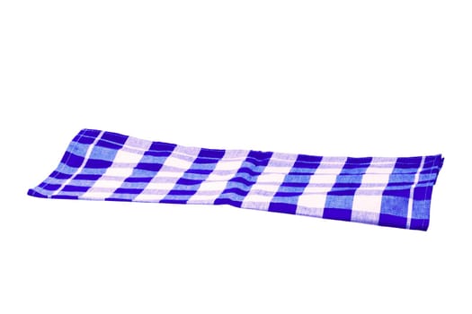 Blue and white checkered napkin or tablecloth texture isolated on white background. Clipping path. Backdrop for your product placement or montage. Kitchen accessories.