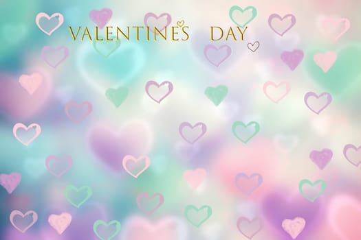 Happy valentines day card. Abstract festive composition of love bokeh colorful hearts background texture with Valentine day text. Present, banner or poster design.
