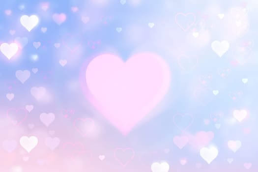 Valentines or mothers day card template. Abstract delicate romantic illustrated pink gradient blue background texture with pink and white bokeh hearts. Beautiful backdrop.
