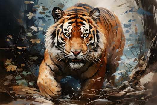 Painting of a tiger walking in the forest colorful Chinese brush strokes Conveying the beauty and elegance of nature strength and courage human freedom and the challenge of seeking something better.
