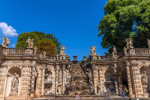 Dresden, Germany - August 10.2023: The fountain in Zwinger palace in Dresden, Saxony.