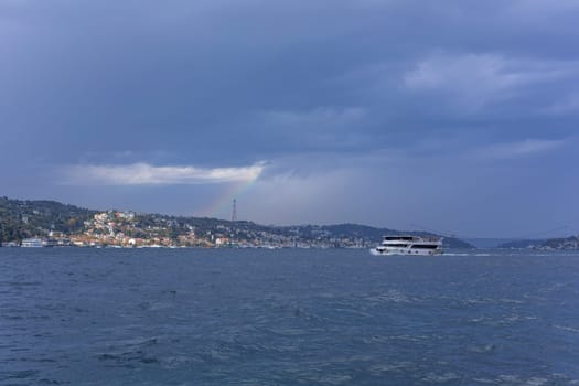 Istanbul, Turkey - November 14, 2023. The Bosphorus Strait, adjacent to the Marmara sea, has the Maiden's tower or Leander's Tower on an islet off the Asiatic shore at the southern entrance of Bosphorus