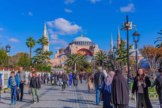 Istanbul, Turkey - November 14, 2023. View of the Sultan Ahmet Park in front of Hagia Sophia Grand Mosque and Hagia Sophia Hurrem Sultan Bathhouse. Sultanahmet neighbourhood, City of Istanbul, Turkey.