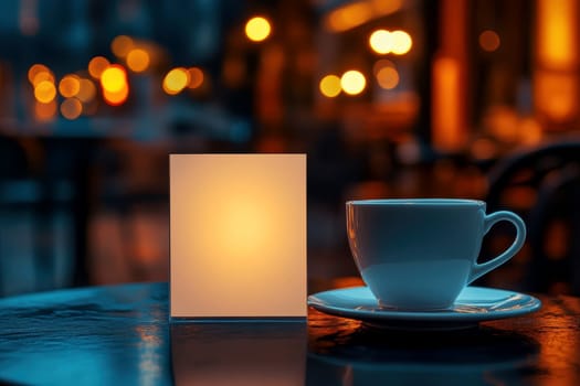 white coffee cup with blank business card on wooden table..