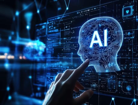 Businessman touching a digital hologram of an human head AI symbol icon with the text AI on a virtual screen..