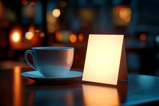 white coffee cup with blank business card on wooden table..