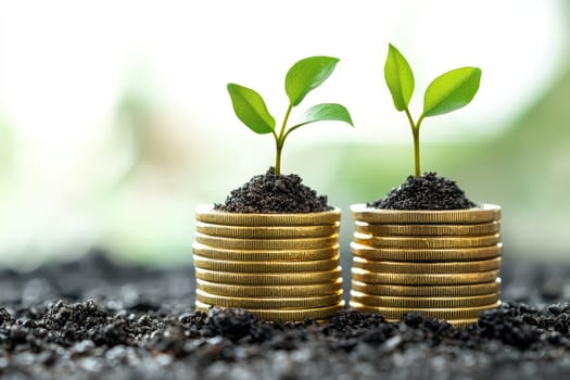 A tiny tree sprouting on top of coin stacks represents saves, investment, and financial expansion against a conceptually vibrant backdrop..