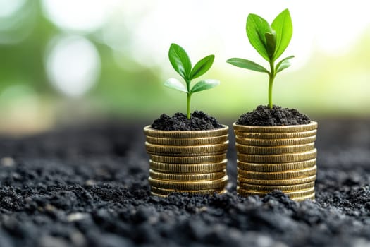 A tiny tree sprouting on top of coin stacks represents saves, investment, and financial expansion against a conceptually vibrant backdrop..