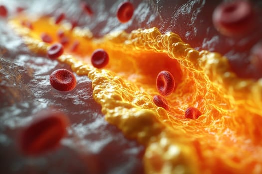 Detailed close-up of cholesterol plaque buildup in an artery, illustrating blood flow obstruction with red blood cells and lipid deposits..