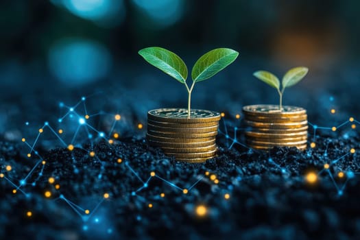 digital network with A tiny tree sprouting on top of coin stacks represents saves, investment, and financial expansion against a conceptually vibrant backdrop..