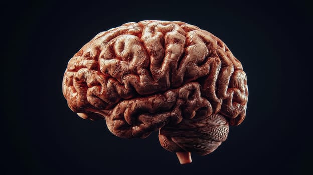 High-quality 3D illustration of a human brain with realistic texture and details, displayed on a clean white background. Ideal for use in medical presentations, neuroscience research..