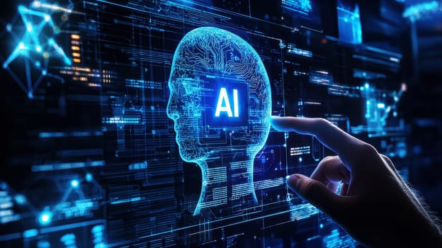 Businessman touching a digital hologram of an human head AI symbol icon with the text AI on a virtual screen..