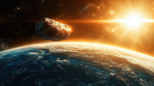 Asteroid in space near Earth. Big asteroid on orbit of Earth planet with sun light. Elements of this image furnished by NASA.