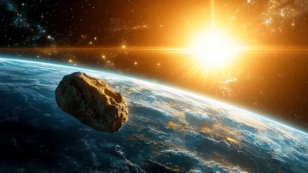 Asteroid in space near Earth. Big asteroid on orbit of Earth planet with sun light. Elements of this image furnished by NASA.