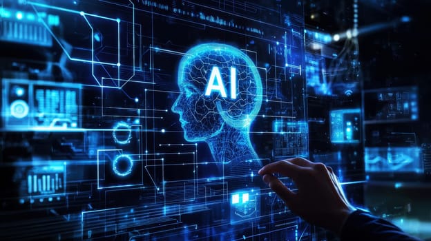 Businessman touching a digital hologram of an human head AI symbol icon with the text AI on a virtual screen..