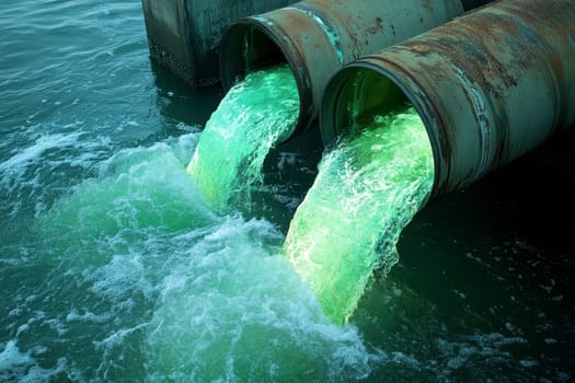 A magnificent shot of water pouring out from three large pipes into the river, showing dirty green sludge in their walls..