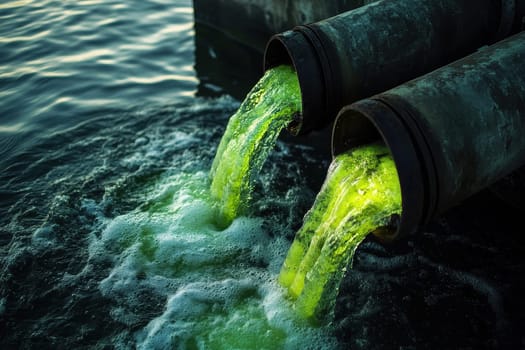 A magnificent shot of water pouring out from three large pipes into the river, showing dirty green sludge in their walls..