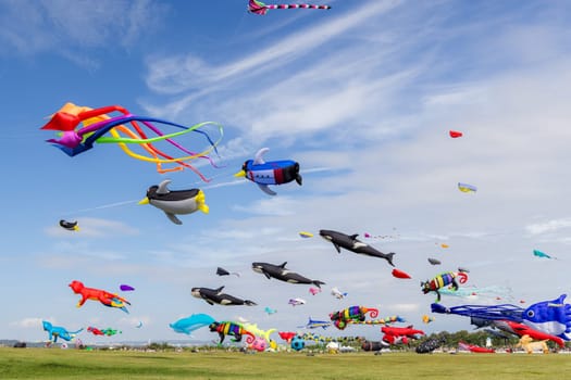 Hsinchu, Taiwan 10 September 2023: Many beautiful kite fly over the sky in Hsinchu city international kite festival at park