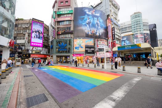 Taipei, Taiwan 13 September 2023: Taipei city street in Ximending with rainbow painting on the road