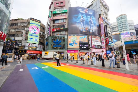 Taipei, Taiwan 13 September 2023: Taipei city street in Ximending with rainbow painting on the road