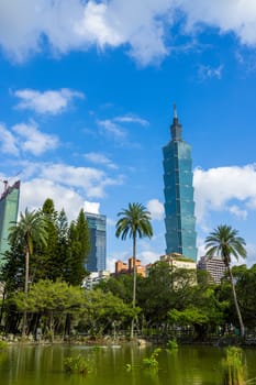 Taipei, Taiwan 02 October 2023: Taipei 101 tower in Sun Yat Sen Memorial Hall in Taipei